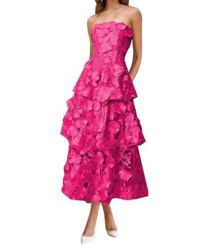3D Floral Embroidery Prom Dresses Strapless Tiered Ruffle Formal Cocktail Party Gown
