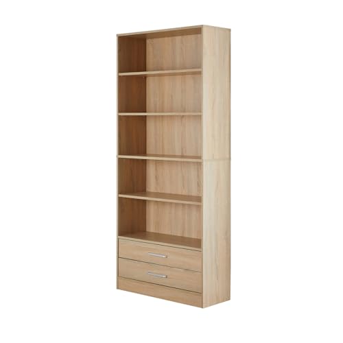 Home Source Storage Bookcase, 5 Tier Open Adjustable Shelving, Display Storage Cabinet, 2 Drawer, Oak Effect