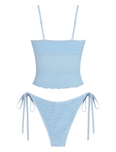 ZAFUL Tankini Swimsuits for Women Lace Jacquard Bowknot Decor Tummy Control High Cut Tanga Tankini Set2