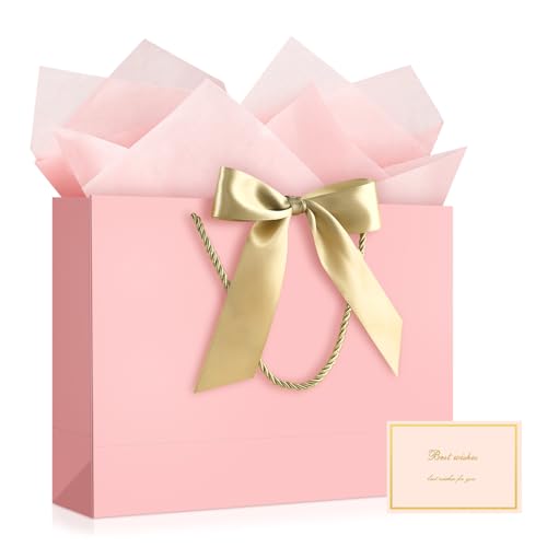 Image of JMANNI Pink Gift Bags with Handles, 14.6 inch Large Gift Bags with Tissue Paper | 1 Pcs Pink Bag, 2 Tissue Paper and 1 Cards, for Baby Shower, Wedding Bridal Shower, Birthday Party