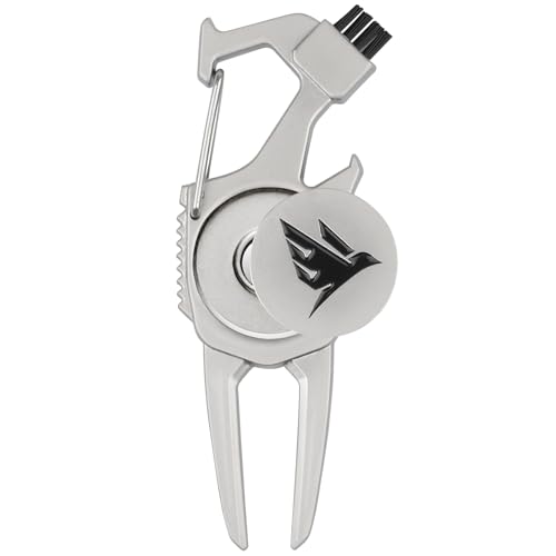 SWIFTEE Golf Pitchmarken-Reparaturwerkzeug 7-in-1 – Schlägerhalter, Bürste, Clip-Schnalle, Rillenreiniger, Flaschenöffner, Ballmarker, Pitchgabel – Geschenkbox enthalten (Perlsilber)