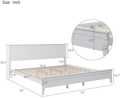 Miniatura 35 de Base de cama de tamaño matrimonial con cabecero y estribo, cama de plataforma de madera maciza blanca de estilo conciso moderno para niños,