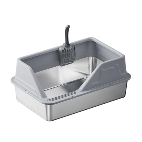 YAKINO ステンレス製猫用トイレボックス オープンハイフェンス 飛沫防止 猫用トイレ ペット用品 (猫砂盆,60*40*33,ライトグレー)