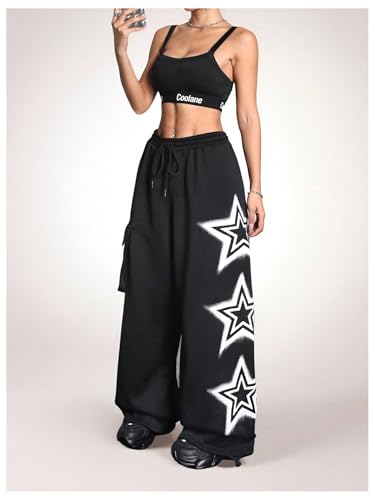 Women's Baggy Sweatpants Y2k Star Drawstring Elastic Waist Fleece Lined Athletic Baggy Pants with Flap Pocket4