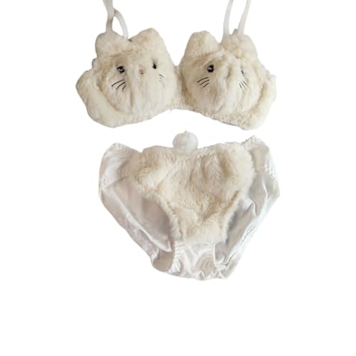 Conjunto de Peluche Sexy y Lindo para el hogar, Ropa Interior cálida de Felpa para Mujer, Conjunto de Sujetador y Braguita con Relleno con Forma de Oso de Peluche (Beige,S)