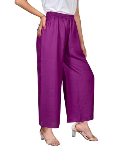 Image of FASHION GALLERY Women's Solid Rayon Palazzo Pants | Relaxed Fit Full Length Wide Leg Palazzo | Elastic Waist Comfortable Casual Lounge Office Ethnic Flared Trousers for Women
