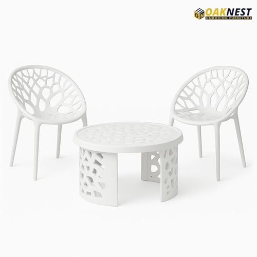 Image of Oaknest Neelkamal Crystal White Plastic Chair & Table Set | 2 Designer Chairs + 1 Center Table | Durable, Weather-Resistant, Indoor /Outdoor Use