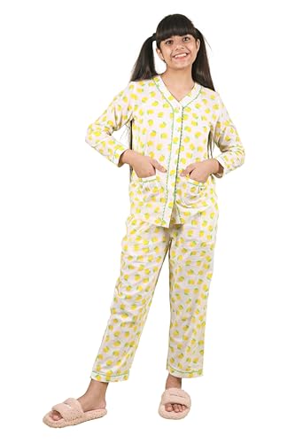 Image of Tweeny Mini Kids Girls Pure Rayon Night Suit | Sleepwear| Night Wear | Nightdress | Top Shirt & Pyjama Combo Set Floral Printed with Pockets Full Sleeves