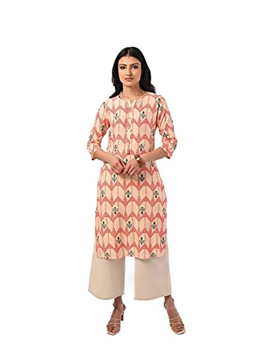 Image of rangita Peach Rayon Calf Length Printed Straight Kurti for Women | Kurta for Women