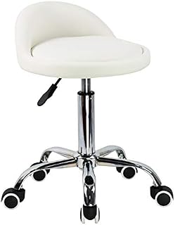 KKTONER PU Leather Round Rolling Stool with Back Rest Height Adjustable Swivel Drafting Work SPA Task Chair with Wheels (White)