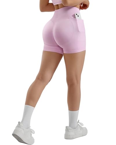 SUUKSESS Women XL Pink Hidden Scrunch Butt Lifting Workout Biker Shorts with Pockets 4 Seamless High Waisted Gym Shorts