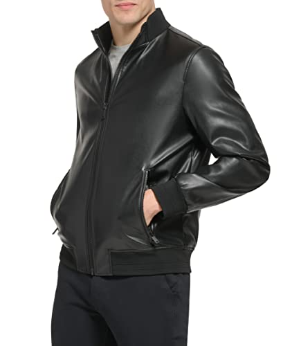 DKNY Mens Modern Knit Collar Bomber Jacket, Black Microsuede2