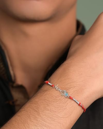 Image of Clara 925 Sterling Silver Rakhi with Roli Chawal for Bhai | Gift for Brother on Rakshabandhan | Men & Boy Bracelet