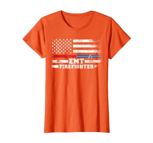 EMT Firefighter American Flag Proud Firefighter EMT T-Shirt, Women, Orange, Large