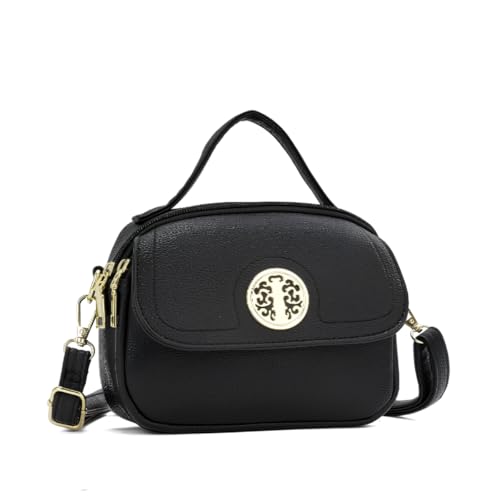 Bolsa Feminina Transversal de Mão em Couro Sintético, Marrom, Alça Ajustável, Estilo Contemporâneo, 2 Bolsos, Fecho com Zíper, Pequena (PRETO)