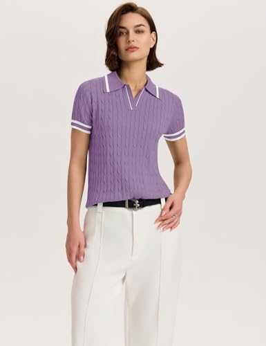 Image of Micoson Womens Short Sleeve Sweater Tops Lapel V Neck Polo Shirts 2026 Summer Cable Knit Loose Blouse Business Casual Outfits