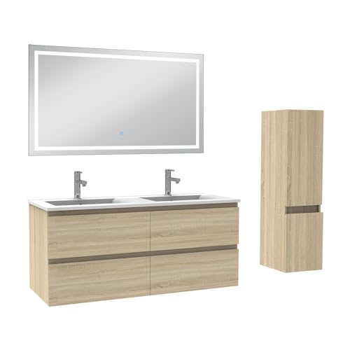AICA Ensemble Meuble Salle de Bain 120cm Double Vasque avec Colonne et Miroir 3 Couleurs Chêne Wotan