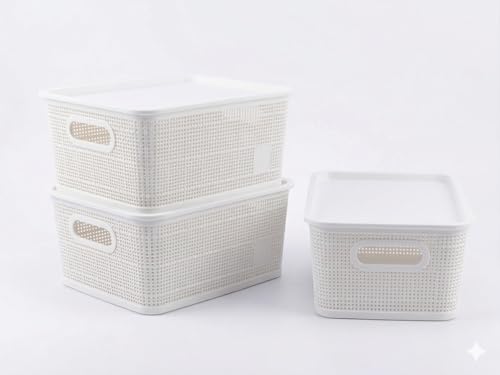 Image of SKI Vogue H1 Multipurpose Storage /Organiser Basket with Lid for Fruits, Toys, Books, Stationery, Cosmetics | Organise Kitchen, Wardrobe, counter-tops - 3 Pcs Set White (Small)