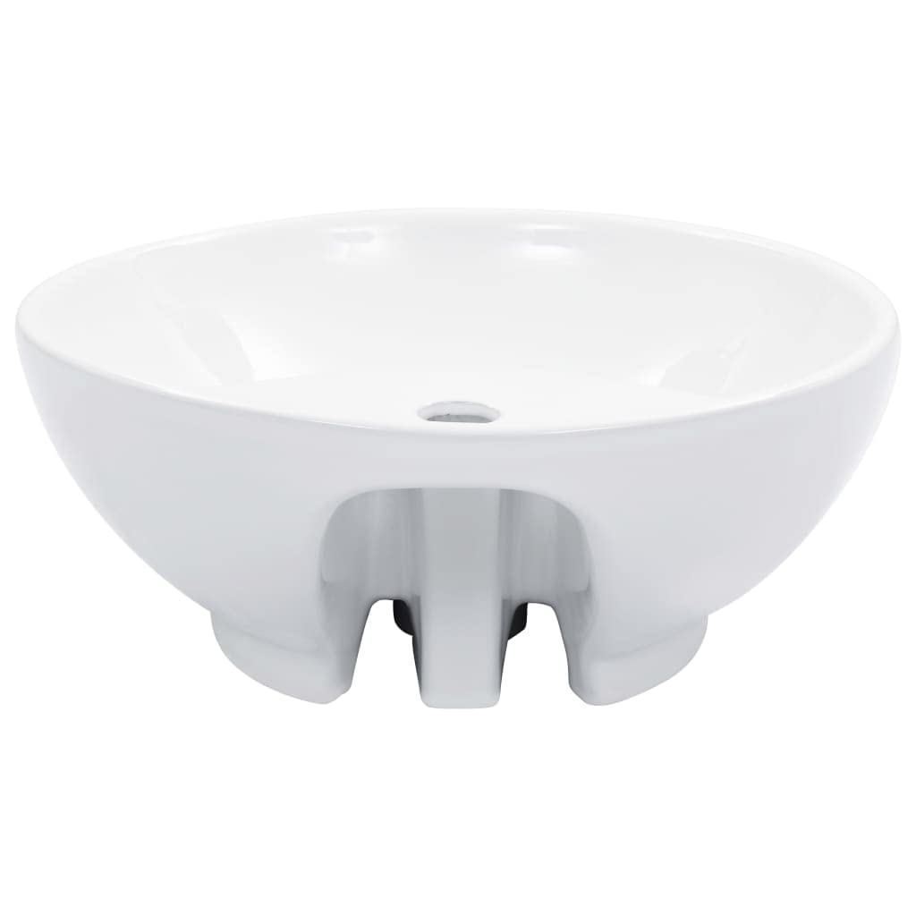 Ceramiczna umywalka nablatowa z przelewem i otworem na kran 46,5 x 18 cm umywalka do łazienki, okrągła, biała, z funkcją odpływu