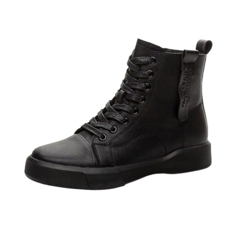 Ankle Combat Boots for Women,Genuine Leather Lace Up Side Zipper High-Top Ankle Boots Casual Platform Boots (Black,8.5)