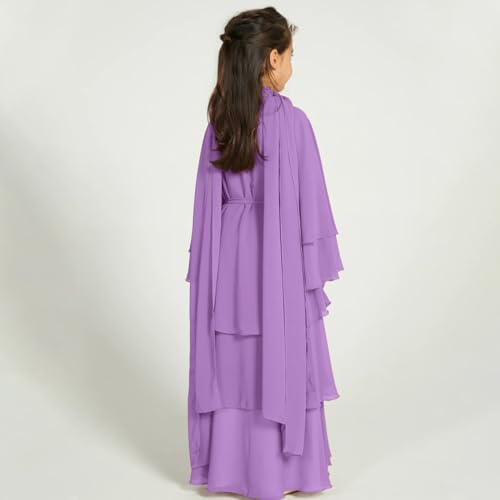 Muslim Chiffon Abaya for Girls Open Front Cardigan Modest Dress Middle East Arabian Robe Islamic Long Dress Abaya For Girls Muslin Prayer Church Eid Ramadan Tight Knot Dress Purple 11-12 Years4