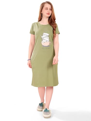 Image of Printed Knee Length Pocket Night Dresses for Women | Cat Lovers | Premium Soft Cotton Nighty | Sky Blue