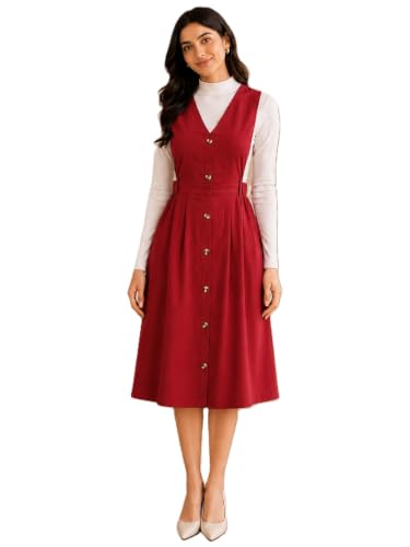 Image of WineRed Women Soild Pinafore Dress with Button