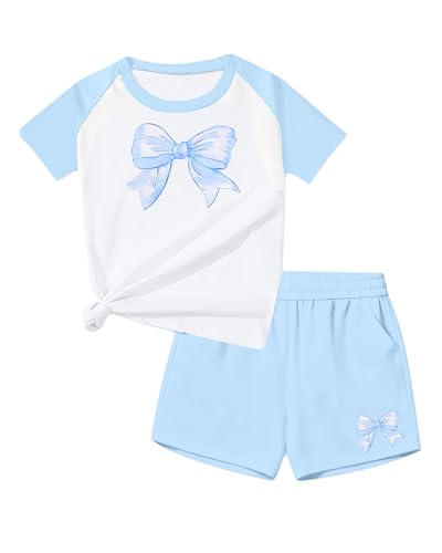 Image of Bestuline Girls Summer 2 Piece Outfits,Basic Short Sleeve Top & Shorts Set with Side Pockets,4-14Y