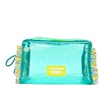 PONETTE - Neceser de Mujer Grande Plastificado Transparente Turquesa con Remate de Tejido de Flores y Asa Tipo Cordón, Ideal Playa, Piscina, Viaje, Impermeable, Marca Española