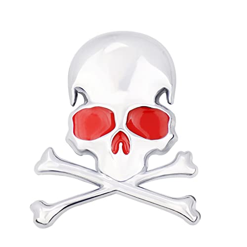 Image of 3D Skeleton Skull Emblem Car Side Rear Front Hood Trunk Door Fender Bumper Tail Box Car Motorcycle Personality Decoration Metal Badge Decal Sticker (1 PCS, Silver Red)