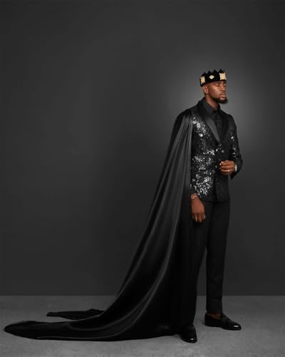 Men's 3 Piece Slim Fit Shiny Blazer Pants Detachable Satin Capes Tuxedo Set for Wedding Party Graduation Ball4