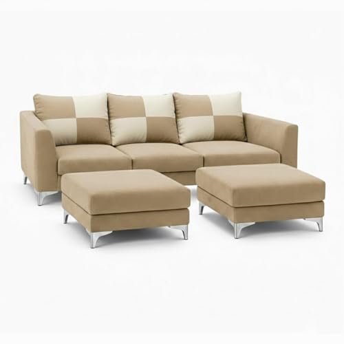 Image of Romeo Rich Velvet Suede 3 Seater Sofa Set with 2 Ottomans | Golden Aesthetic Legs | Spacious Soft Touch Comfort Seating | Modern Sofa for Living Room (Beige)