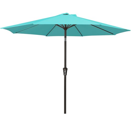 MEWAY 9ft Patio Umbrella Outdoor Table Umbrellas with Push Button Tilt and Crank Market Umbrella 8 Sturdy Ribs for Deck Garden Pool and Backyard Teal
