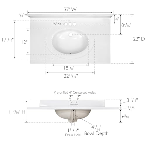 Image of Design House Cultured Marble Vanity Top, 37 in W x 22 in D, Integrated 4 in Centerset Oval Sink & Backsplash, Solid White, 586248