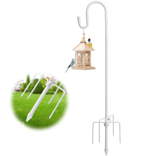 LAKEROD Hummingbird Feeder Stand - 62' Heavy Duty Bird Feeder Pole with Adjustable Anti-Tip Stake, Rustproof Shepards Hook with Hanger for Birdfeeders, Wind Chimes, Lanterns, Holiday Decor - White