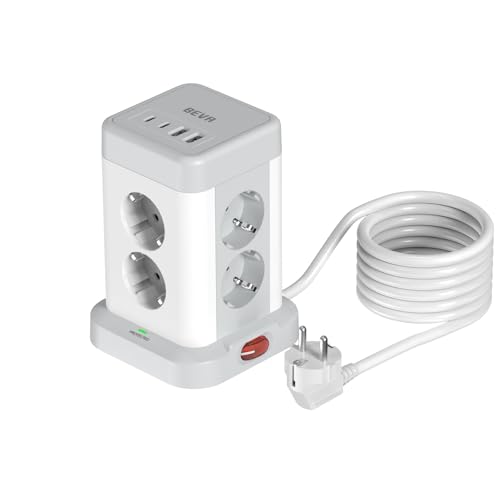 Regleta Vertical 3680W, BEVA Torre Regleta Enchufe con 8 Tomas de AC Corrientes y 2 USB C, Ladron Enchufe Proteccion Sobretension para Mesa, Oficia, Casa, Cable 2M