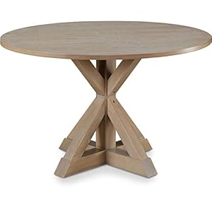 Finch Alfred Round Solid Wood Rustic Dining Table for Farmhouse Kitchen Room Decor, Wooden Trestle Pedestal Base, 46.5″ Wide Circular Tabletop, Distressed Beige, 47 in x 47 in x 29.2 in