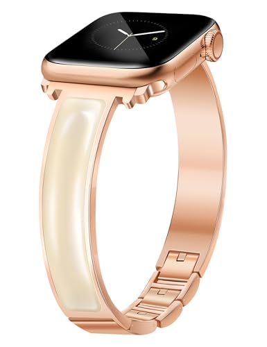 Correas de reloj delgadas de oro rosa para mujer con resina color crema compatibles con Apple Watch de 38 mm, 40 mm, 41 mm, 42 mm (S10), correa de metal ajustable para iWatch Series 10/9/8/7/6/5/4/3/2