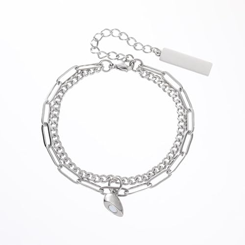 CRIZTIK Stainless Steel Couple Bracelet Paper Clip Link Chain Layered Chunky Chain Bracelet Handmade Lock Pendant Bracelets Set Friendship Bracelets Gift for Women Men2