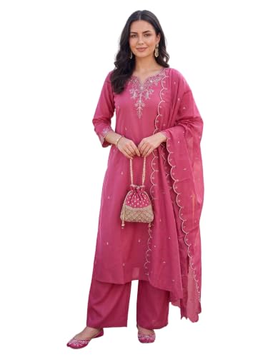 Image of INDO ERA Women's Silk Blend Floral Embroidered Thread Work Kurta & Pant with Dupatta Set (IEBBAI438)