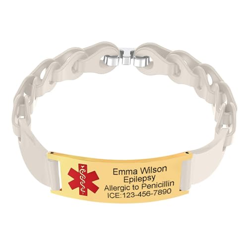 Medical ID Bracelet for Woman Free Engraving Stainless Steel Bangle Silicone Watch Band Medic Alert Wristband Personalized Medic Emergency Awareness Bracelet Jewelry for Daughter Girlfriend Wife Gift