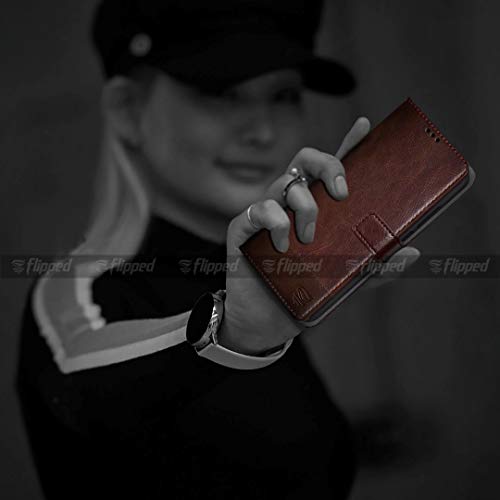 Image of FLIPPED Vegan Leather Flip Case Back Cover for iQOO 9 SE 5G (Flexible, Shock Proof | Hand Stitched Leather Finish | Card Pockets Wallet & Stand | Tan with Brown)