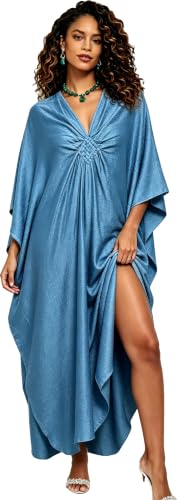 Image of RanRui Caftans for Women Solid Color Chiffon Plus Size Kaftan Dresses Beach Cover Up V Neck Batwing Sleeve Caftans Loungewear