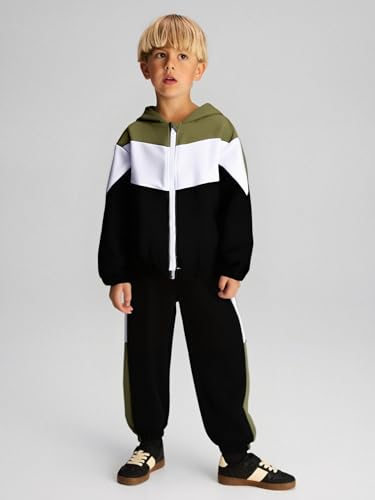 Image of Boys Clothes 2pcs Tween Boy Color Block Hoodie + Pants Little Boys Fall Winter Outfits Set, 4-12 Years