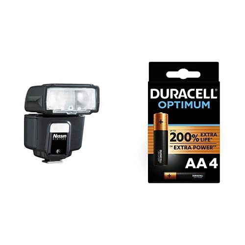 Nissin Digital i40 - Flash con Zapata para Fujifilm, Negro + Duracell - Pilas alcalinas Optimum AA, 1.5 Voltios LR6 MX1500, Paquete de 4 Cover