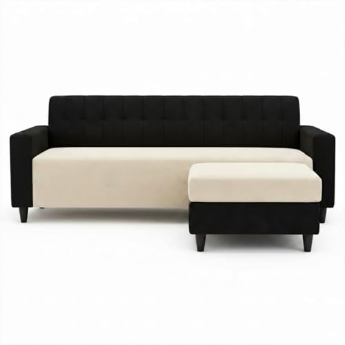 Image of FURNY Luxe 4 Seater L Shape Sofa Set with Movable Ottoman | Flexible Left or Right Layout | Plush Velvet Fabric (Black-Cream) | Perfect for Living Room, Guest Room & Office