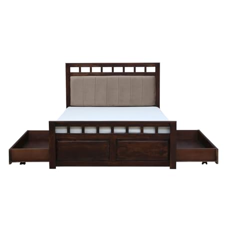 Image of EXCEL HOME Solid Sheesham Wood Queen Size Bed with Drawer Storage | Wooden Double Bed with Drawer Box Storage & Upholstered Cushined Headboard for Bedroom | PT Color Finish