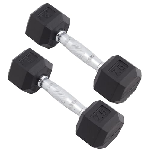 Body Sport Rubber Encased Hex Dumbbell Weight, 7.5 lb. (Pair) - Chrome, Anti-Slip Grip for Strength Training - Home Gym & Fitness Equipment