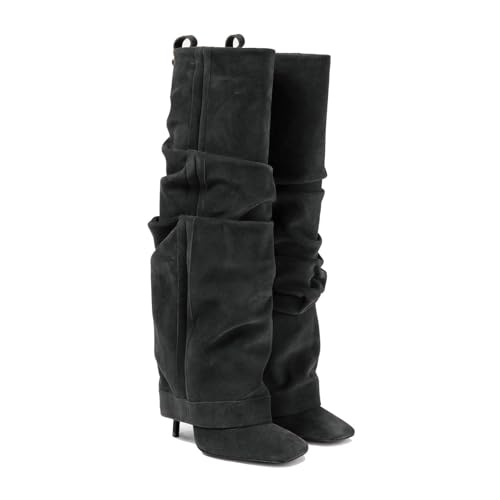 THESHY Womens Knee high Boots Suede Fold Over Square Toe Stiletto Heel Pull on Tall Boots Slouchy Fashion Dress Party Shoes for Women