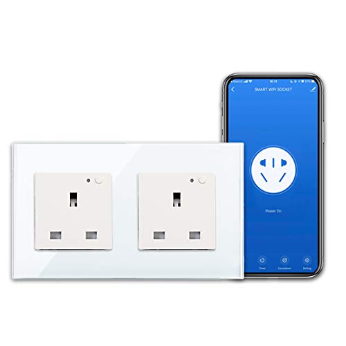 CNBINGO WiFi Double Socket Smart Switched Socket with Indicator Smart Life App Control Timer Wall Power Socket Work with Alexa Google Assistant White Glass Panel Outlet AC 13Amp 240V
